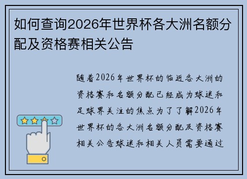 如何查询2026年世界杯各大洲名额分配及资格赛相关公告